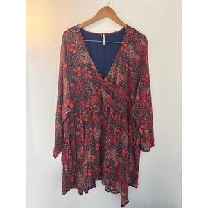 Free People Size Med Orange and Blue Floral Long Sleeve Knee Length Dress Boho